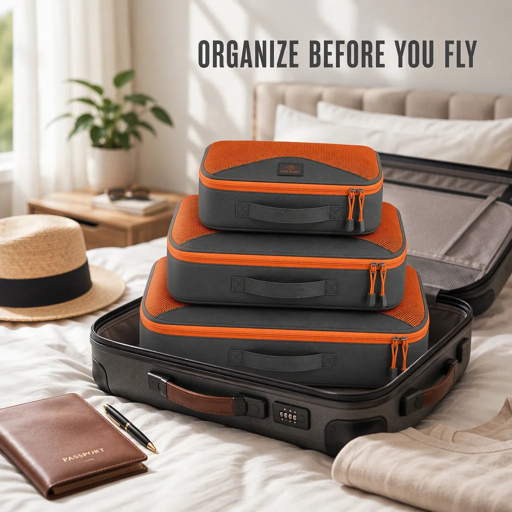 Travel Packing Cubes Set Square Foldable 420D Polyester Mesh Organizer with Zipper Case for Clothes Storage and Bag Use