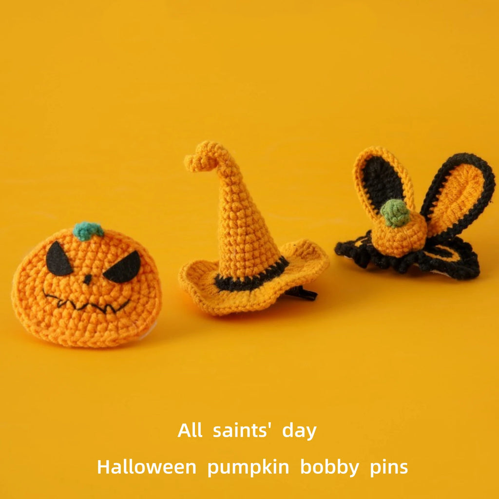 Halloween Pumpkin Hair Clips Cute Girls Pumpkin Hat Clip Rabbit Ear Knitted Crochet Yarn Hair Accessories for Spooky Party