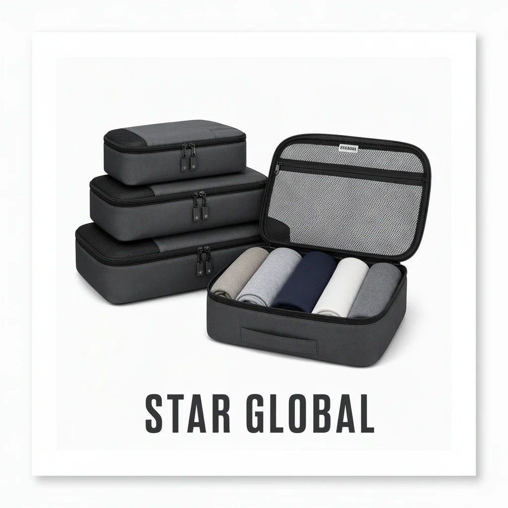 Travel Packing Cubes Set Square Foldable 420D Polyester Mesh Organizer with Zipper Case for Clothes Storage and Bag Use
